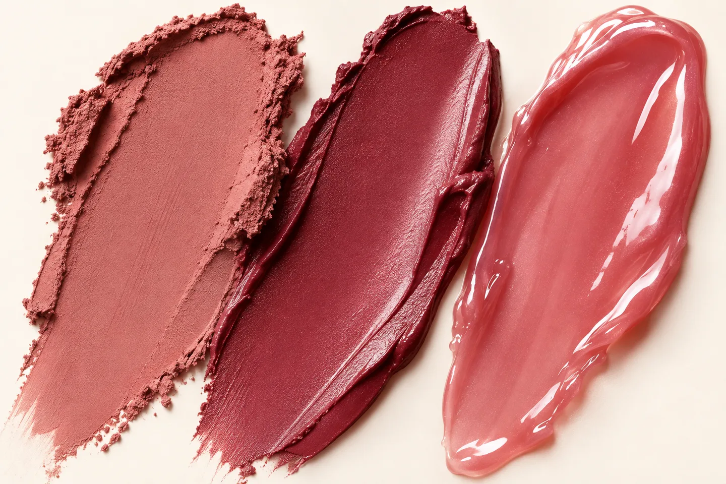 Ilustrasi editorial tekstur makeup matte, satin, dan glossy