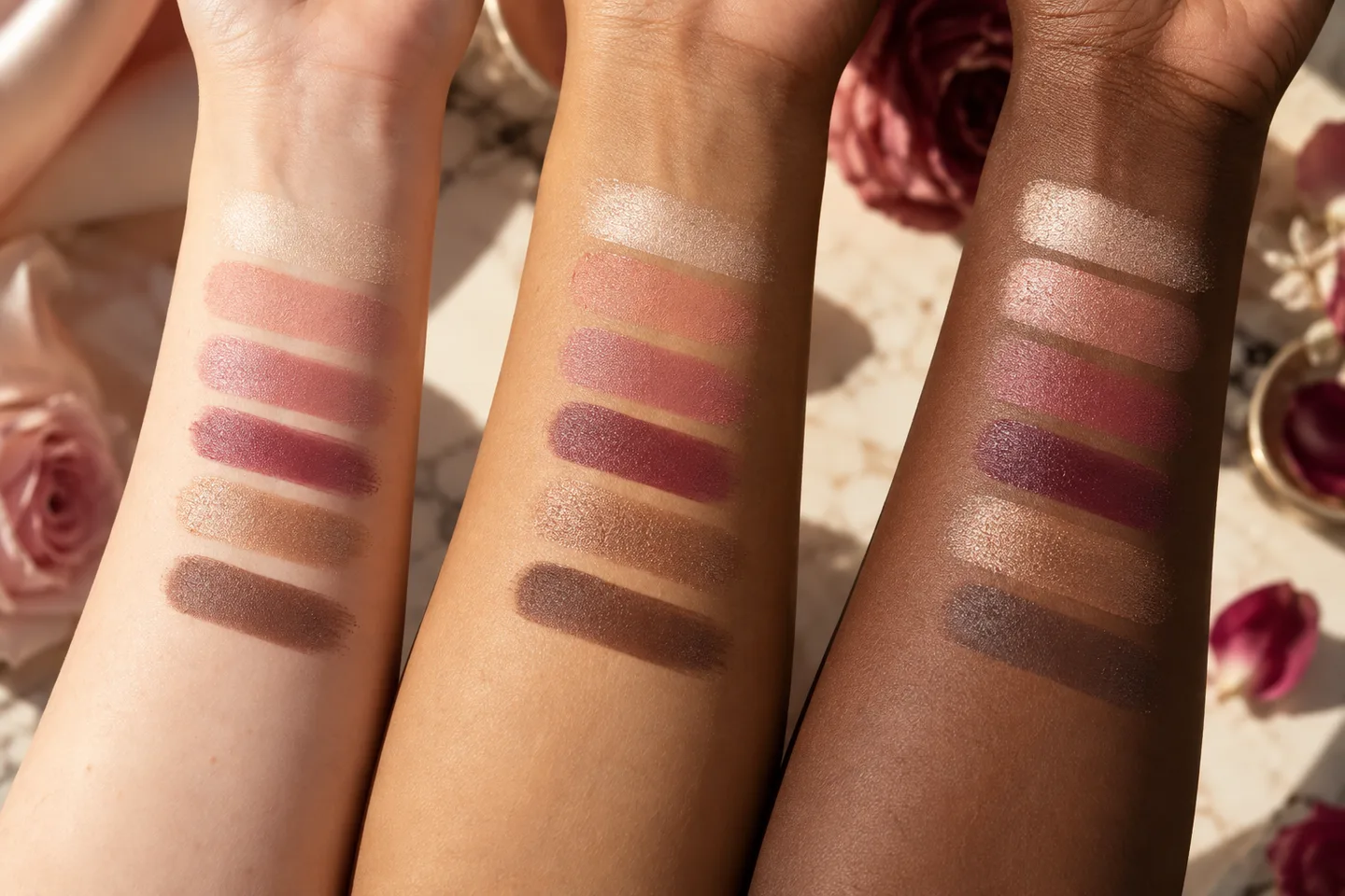 Ilustrasi editorial swatch makeup pada beberapa warna kulit