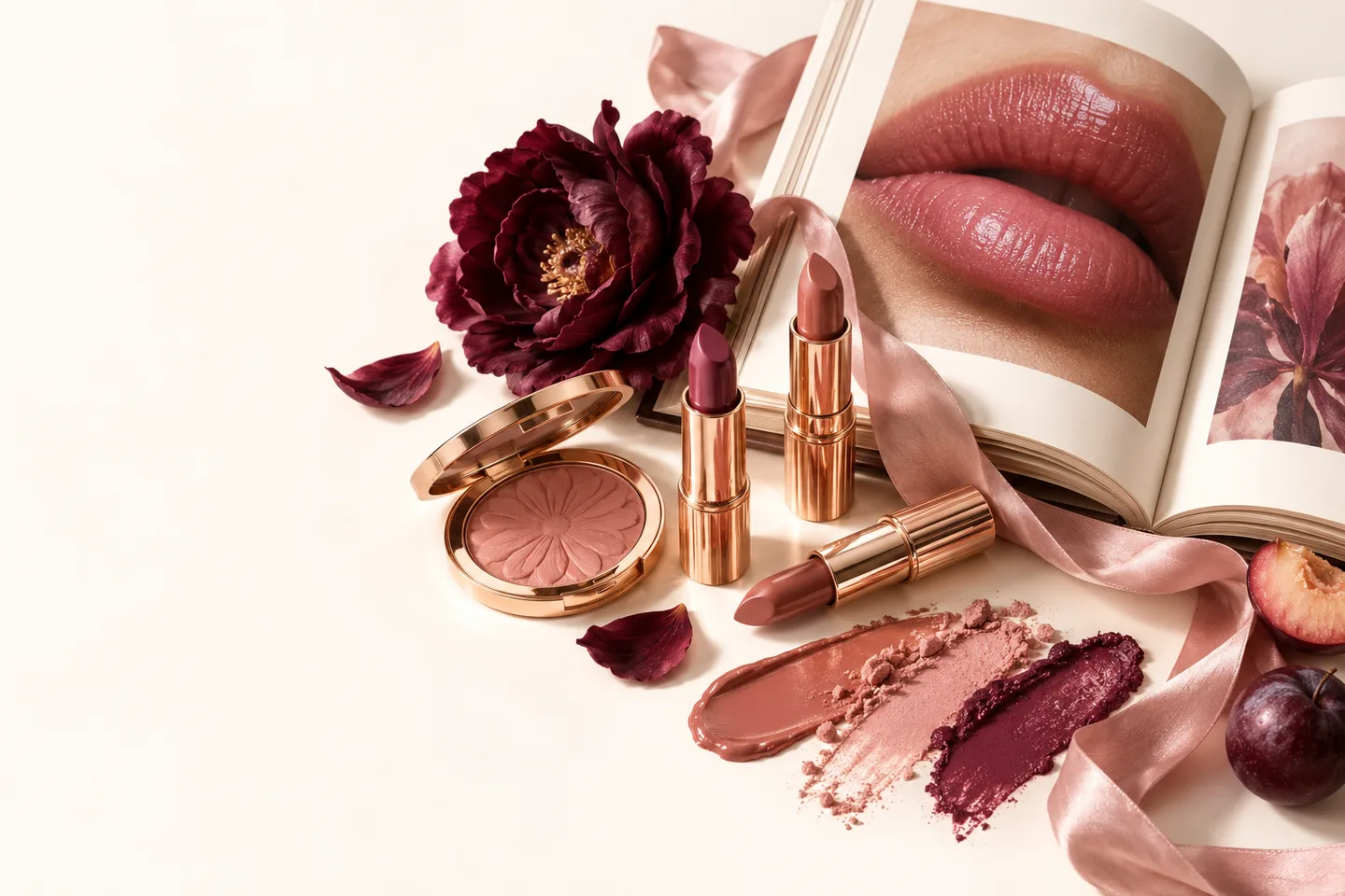 Ilustrasi editorial buku makeup, lipstik, blush, dan tekstur warna